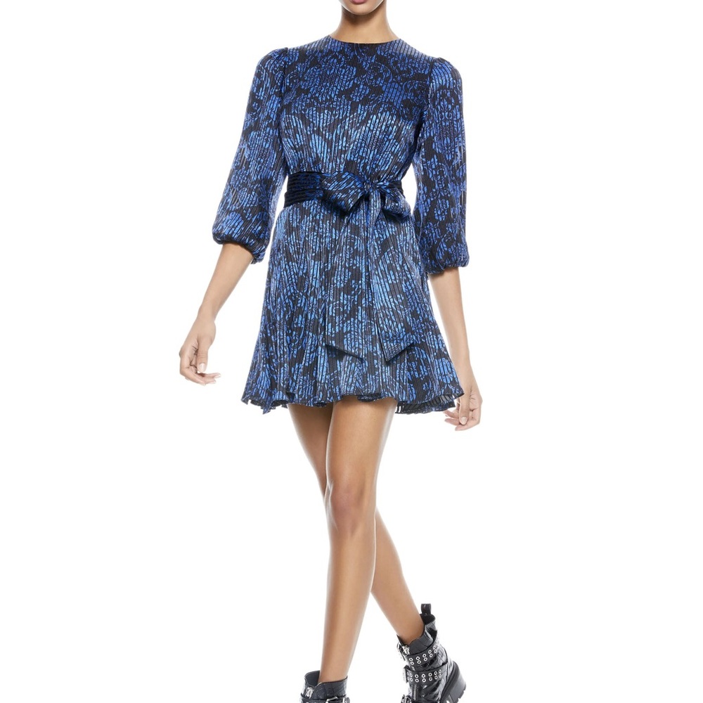 alice + olivia Mina Puff-Sleeve Godet Dress in Winter Palace Print, Size 10